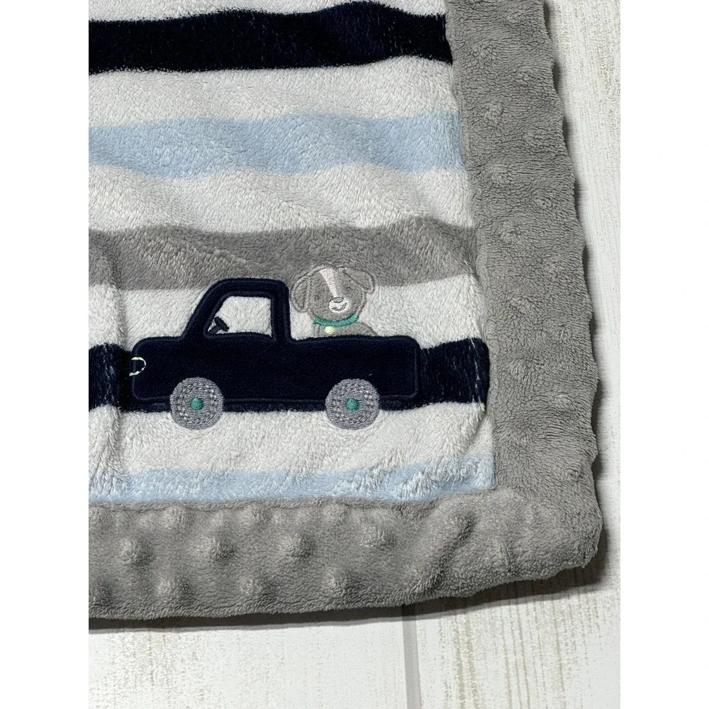 Carters Child Of Mine Grey Blue White Striped Puppy Dog Truck Baby Blanket plush